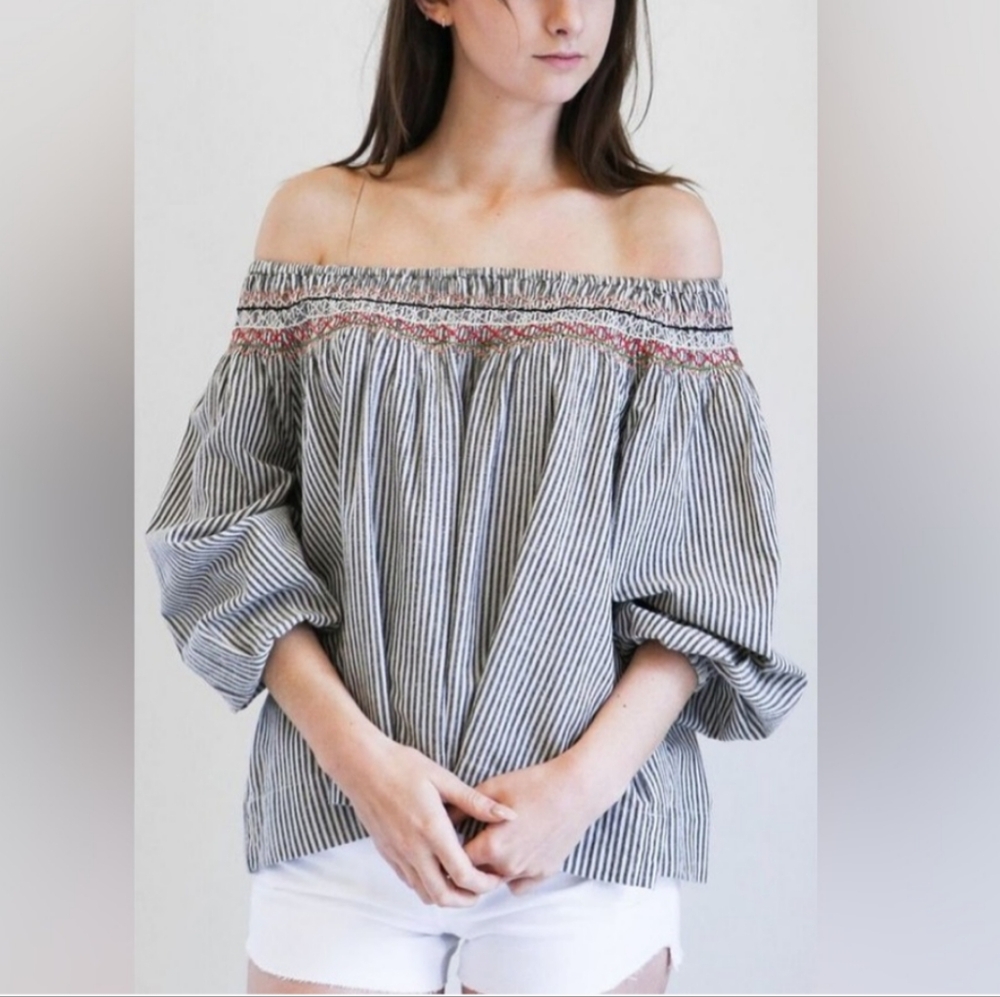 The Great Vista Top Linen Blend Embroidered Rail Stripe Boho Peasant